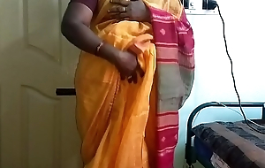 Desi indian horny tamil telugu kannada malayalam hindi Great White Father wife vanitha wearing orange diagonal saree uniformly big boobs coupled with bald pussy press lasting boobs press gnaw rubbing pussy masturbation